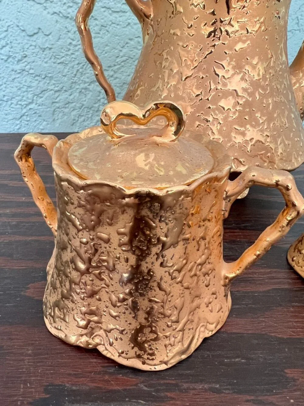 * MINT* Vintage Holley Ross Weeping 22K Gold Tea Set: Teapot, Creamer & Sugar